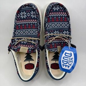 Hey Dude Wally Winter Sweater Mens 10 Navy Multi Fair Isle Loafers 43535-4HQ